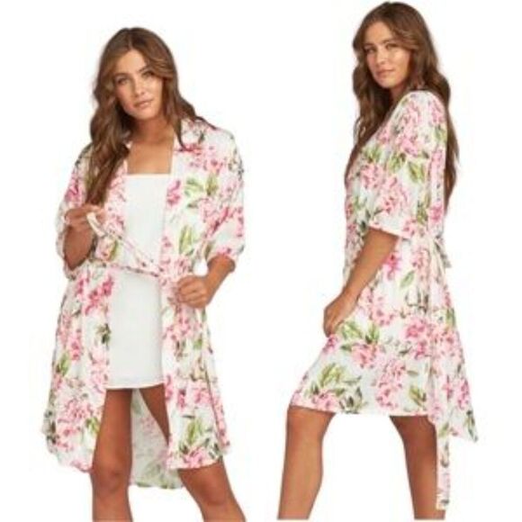 SHOW ME YOUR MUMU Brie Pink White Floral Print Waist Tie Comfy Robe One Size - Picture 1 of 7